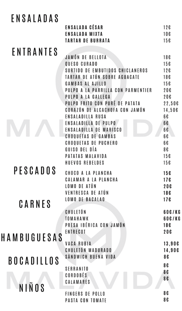 Carta completa Malavida Restaurante